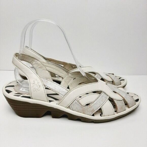 FLY LONDON Strappy Wedge Sandals Slingbacks White & Silver Sz 7.5 - Picture 3 of 15